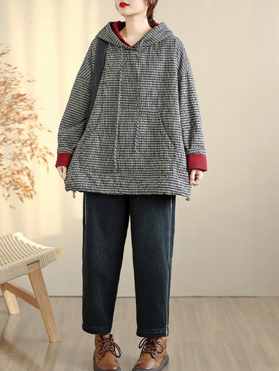Women Casual Autumn Plaid Cotton Padded Hooded Coat