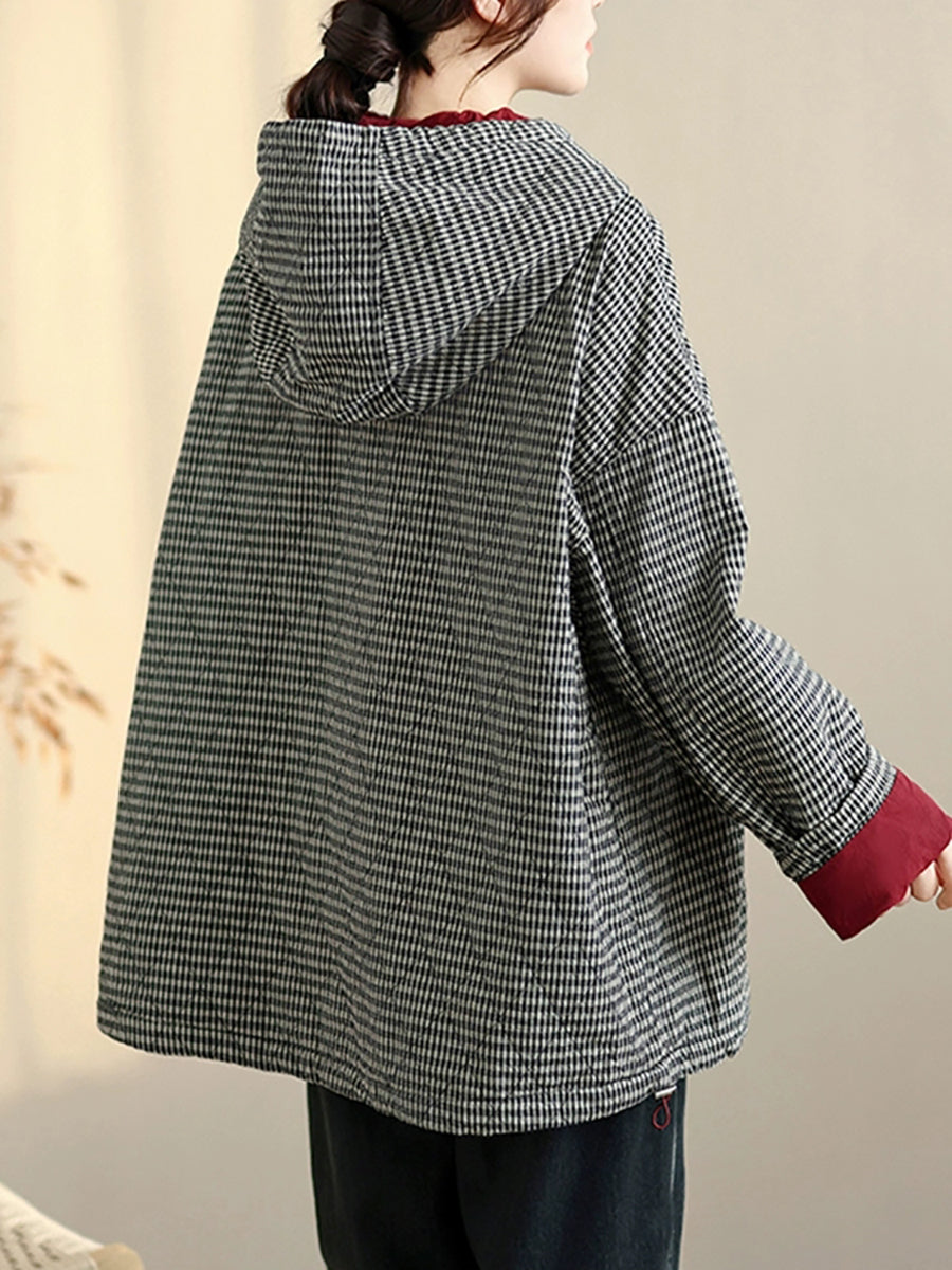 Women Casual Autumn Plaid Cotton Padded Hooded Coat