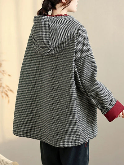 Women Casual Autumn Plaid Cotton Padded Hooded Coat