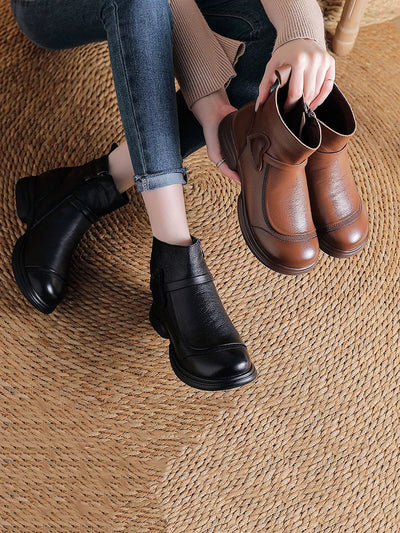 Women Winter Pure Color Leather Mid-Heel Boots