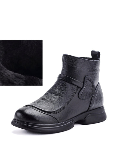 Women Winter Pure Color Leather Mid-Heel Boots