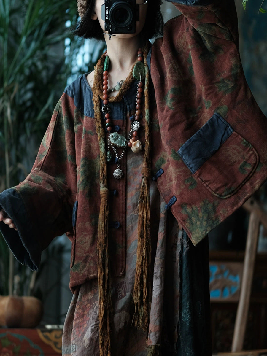 Women Autumn Vintage Flower Spliced O-Neck Padded Coat