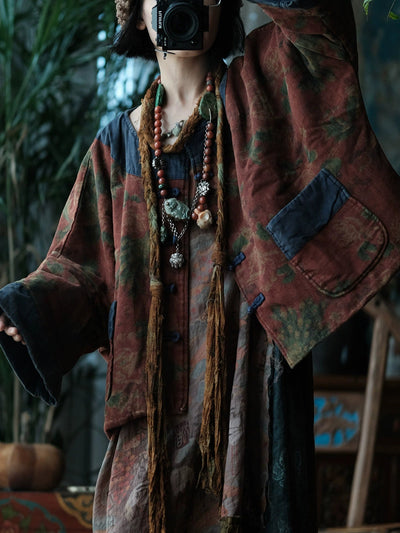 Women Autumn Vintage Flower Spliced O-Neck Padded Coat