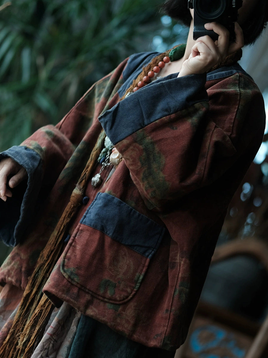 Women Autumn Vintage Flower Spliced O-Neck Padded Coat