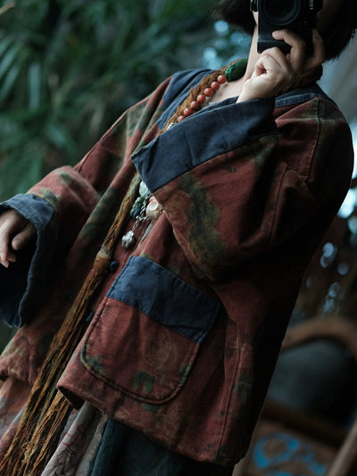 Women Autumn Vintage Flower Spliced O-Neck Padded Coat