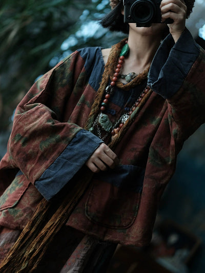 Women Autumn Vintage Flower Spliced O-Neck Padded Coat