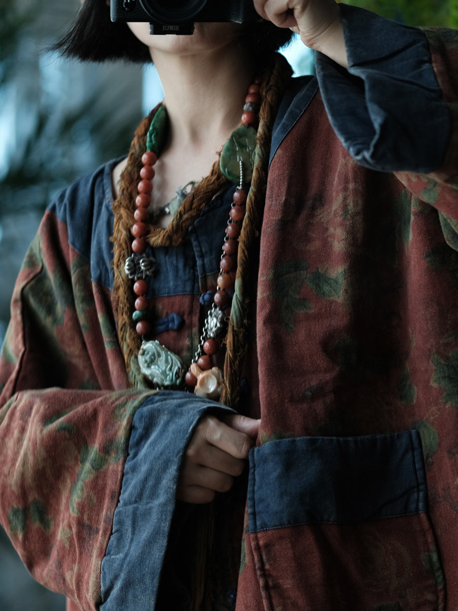 Women Autumn Vintage Flower Spliced O-Neck Padded Coat