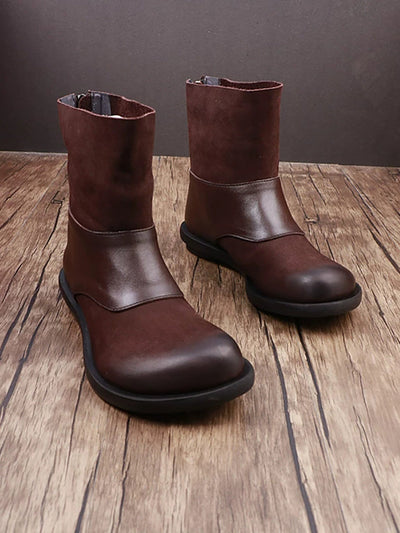 Women Vintage Genuine Leather Sliced Flat Boots