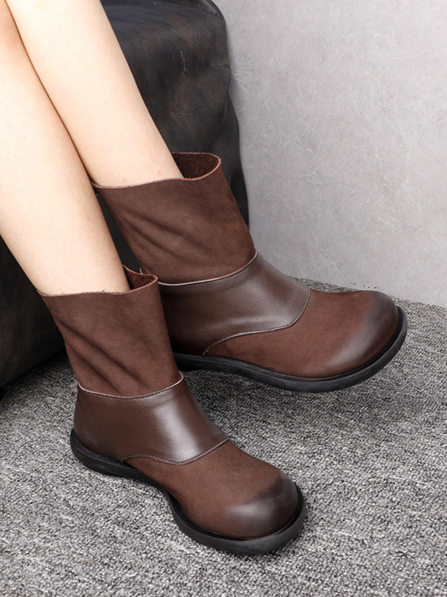 Women Vintage Genuine Leather Sliced Flat Boots