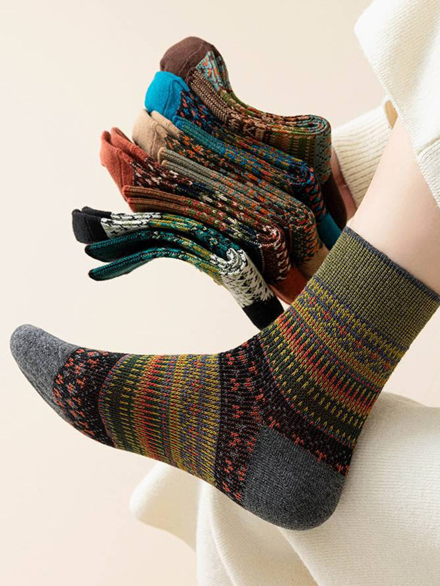 6 Pairs Women Winter Vintage Stripe Cotton Socks