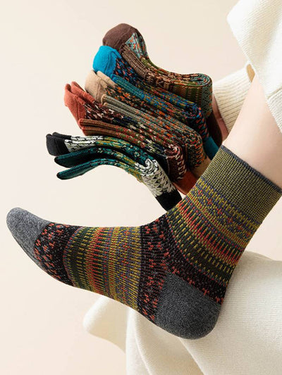 6 Pairs Women Winter Vintage Stripe Cotton Socks