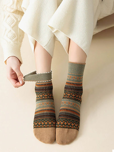 6 Pairs Women Winter Vintage Stripe Cotton Socks
