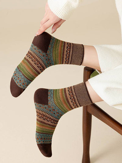 6 Pairs Women Winter Vintage Stripe Cotton Socks