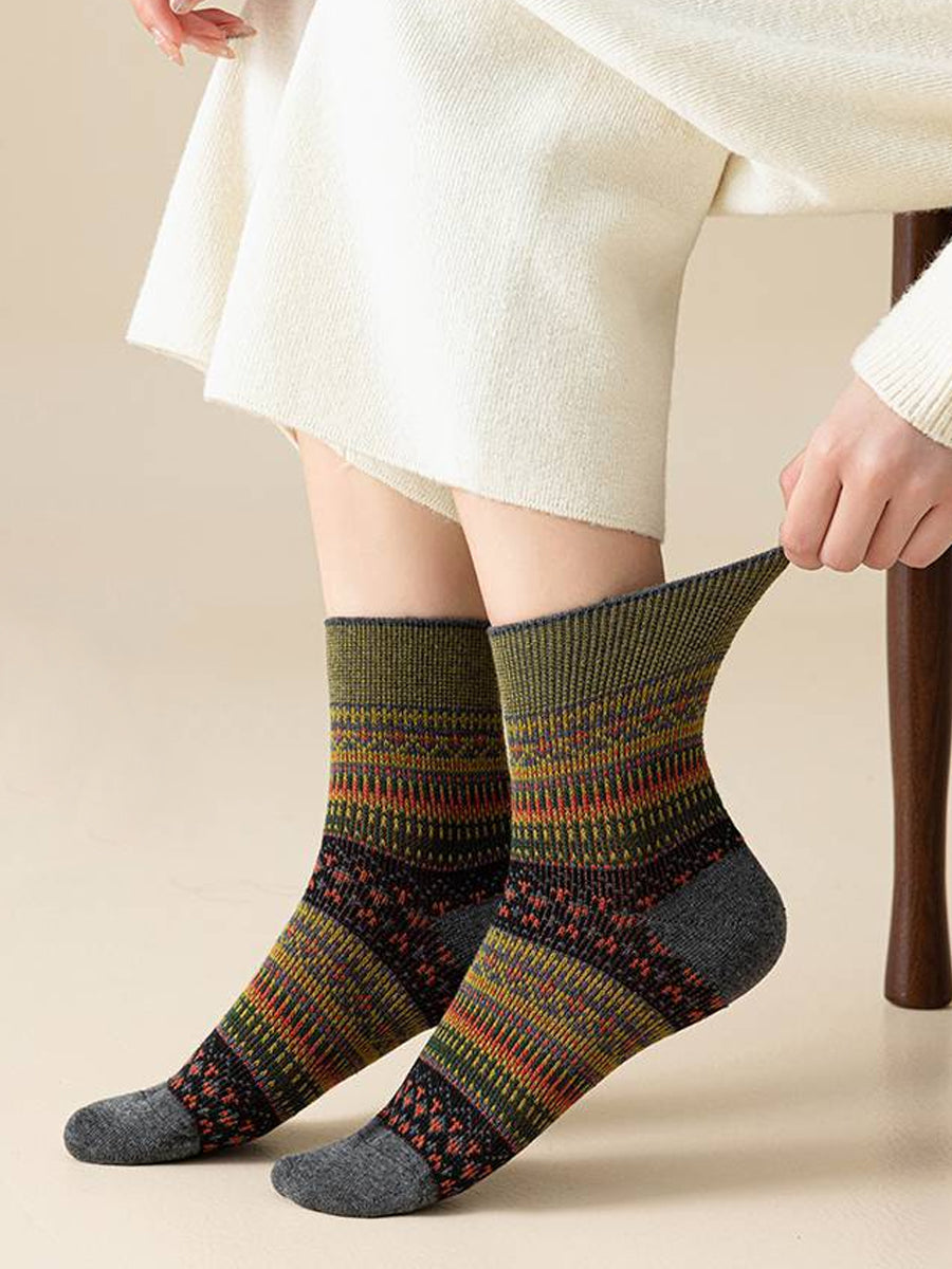 6 Pairs Women Winter Vintage Stripe Cotton Socks