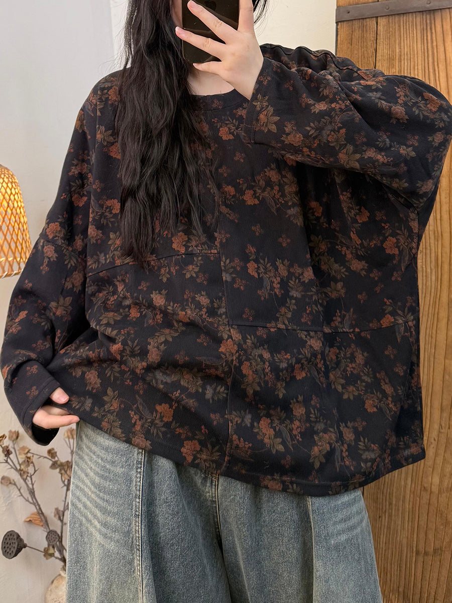 Women Autumn Artsy Flower O-Neck Cotton Blouse