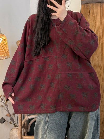 Women Autumn Artsy Flower O-Neck Cotton Blouse