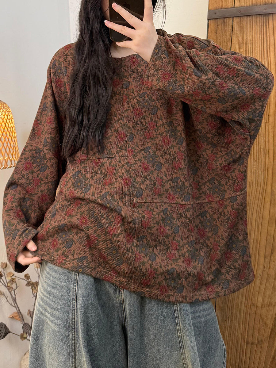 Women Autumn Artsy Flower O-Neck Cotton Blouse