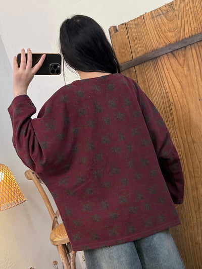 Women Autumn Artsy Flower O-Neck Cotton Blouse