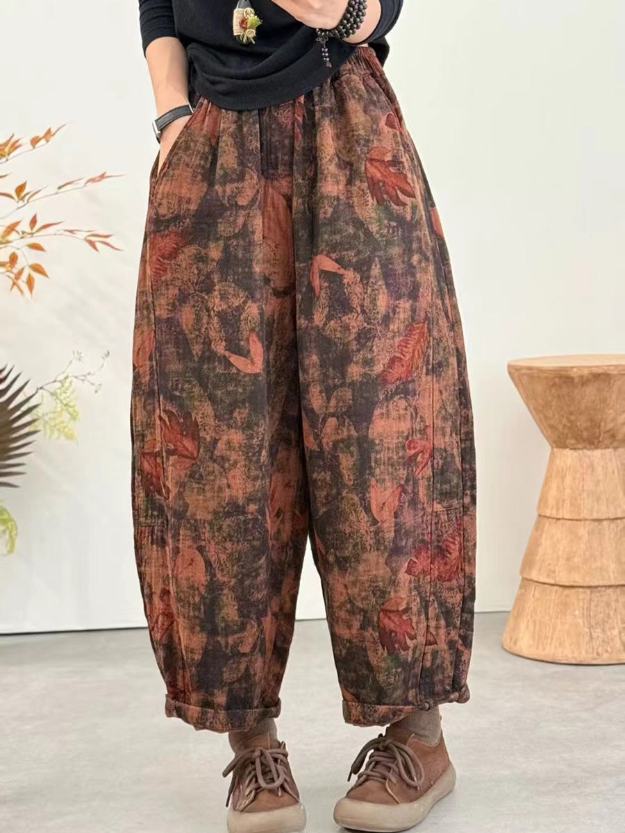 Women Winter Retro Flower Harem Padded Pants