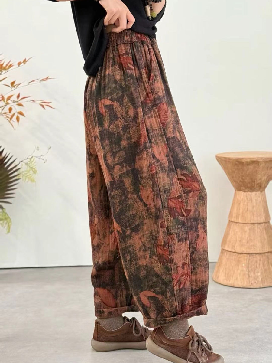 Women Winter Retro Flower Harem Padded Pants