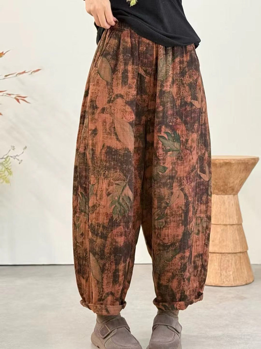 Women Winter Retro Flower Harem Padded Pants
