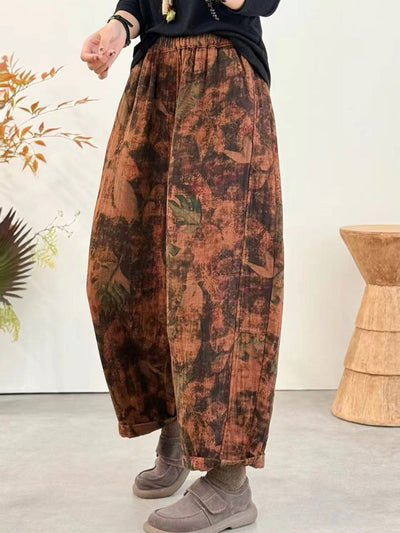 Women Winter Retro Flower Harem Padded Pants