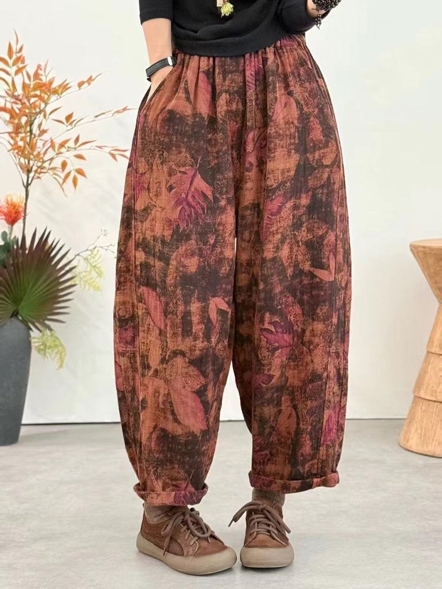 Women Winter Retro Flower Harem Padded Pants