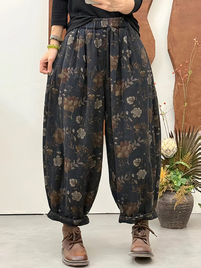 Women Winter Retro Flower Harem Padded Pants