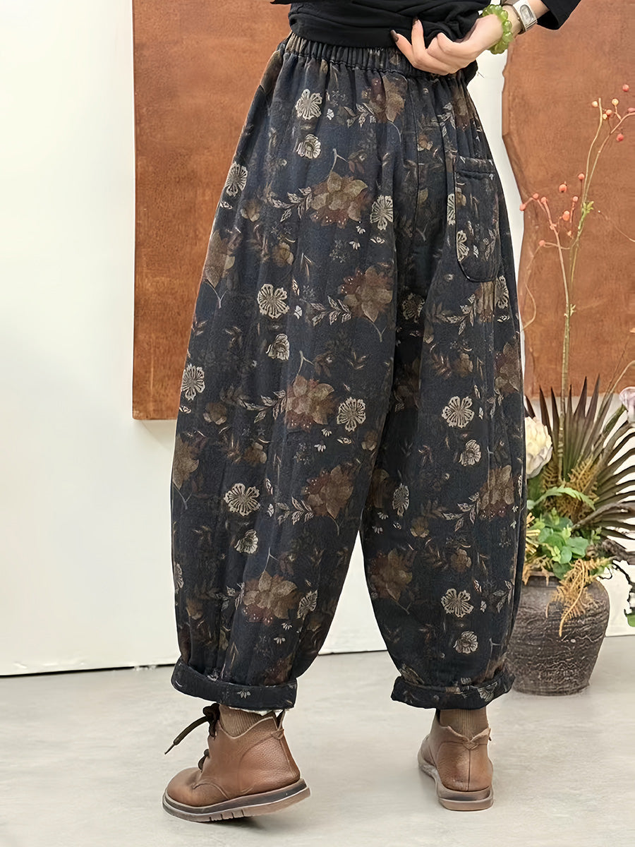 Women Winter Retro Flower Harem Padded Pants