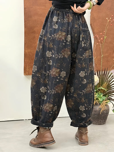 Women Winter Retro Flower Harem Padded Pants