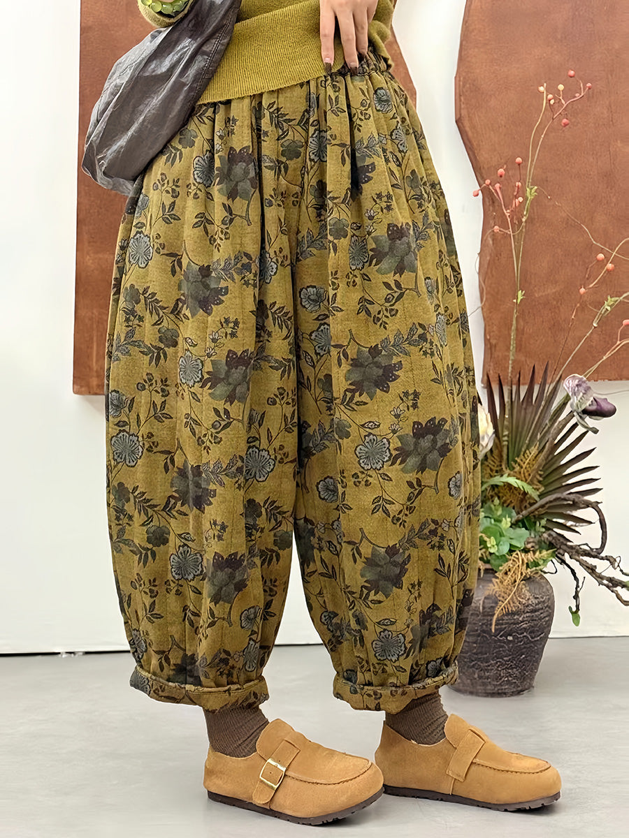 Women Winter Retro Flower Harem Padded Pants