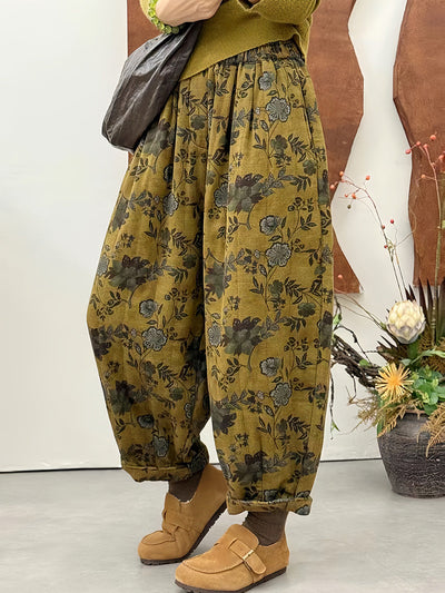 Women Winter Retro Flower Harem Padded Pants