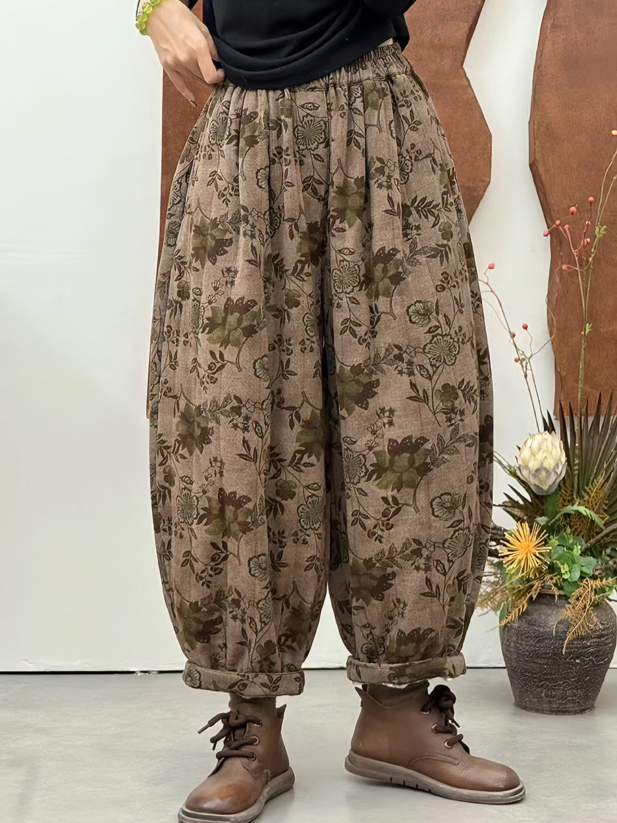 Women Winter Retro Flower Harem Padded Pants
