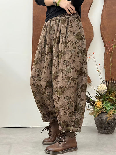 Women Winter Retro Flower Harem Padded Pants