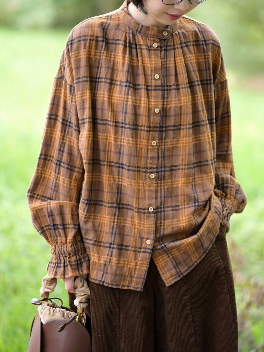 Women Autumn Artsy Plaid Stand Collar 100%Cotton Shirt