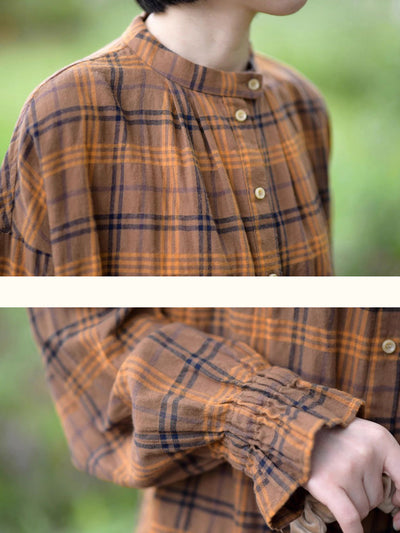 Women Autumn Artsy Plaid Stand Collar 100%Cotton Shirt