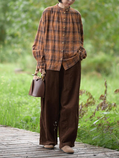 Women Autumn Artsy Plaid Stand Collar 100%Cotton Shirt