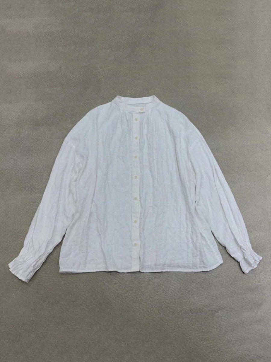 Women Autumn Artsy Plaid Stand Collar 100%Cotton Shirt