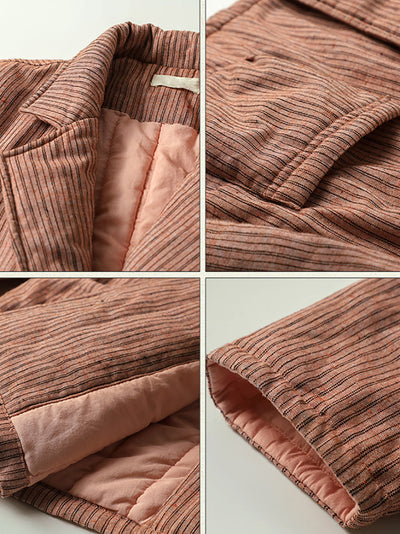 Women Winter Stripe Turn-down Collar Padded Coat
