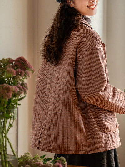 Women Winter Stripe Turn-down Collar Padded Coat