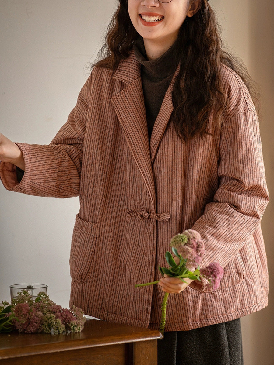 Women Winter Stripe Turn-down Collar Padded Coat