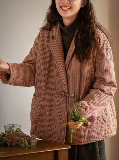 Women Winter Stripe Turn-down Collar Padded Coat