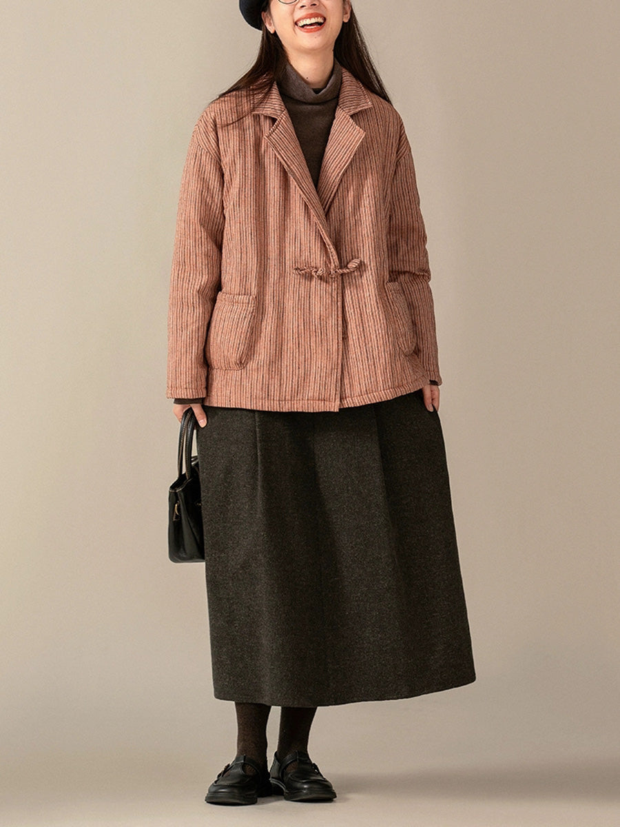 Women Winter Stripe Turn-down Collar Padded Coat