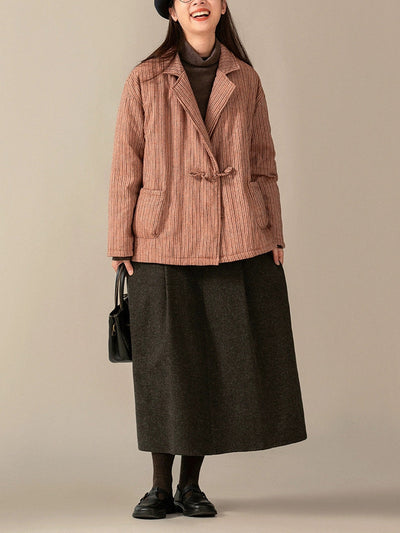 Women Winter Stripe Turn-down Collar Padded Coat