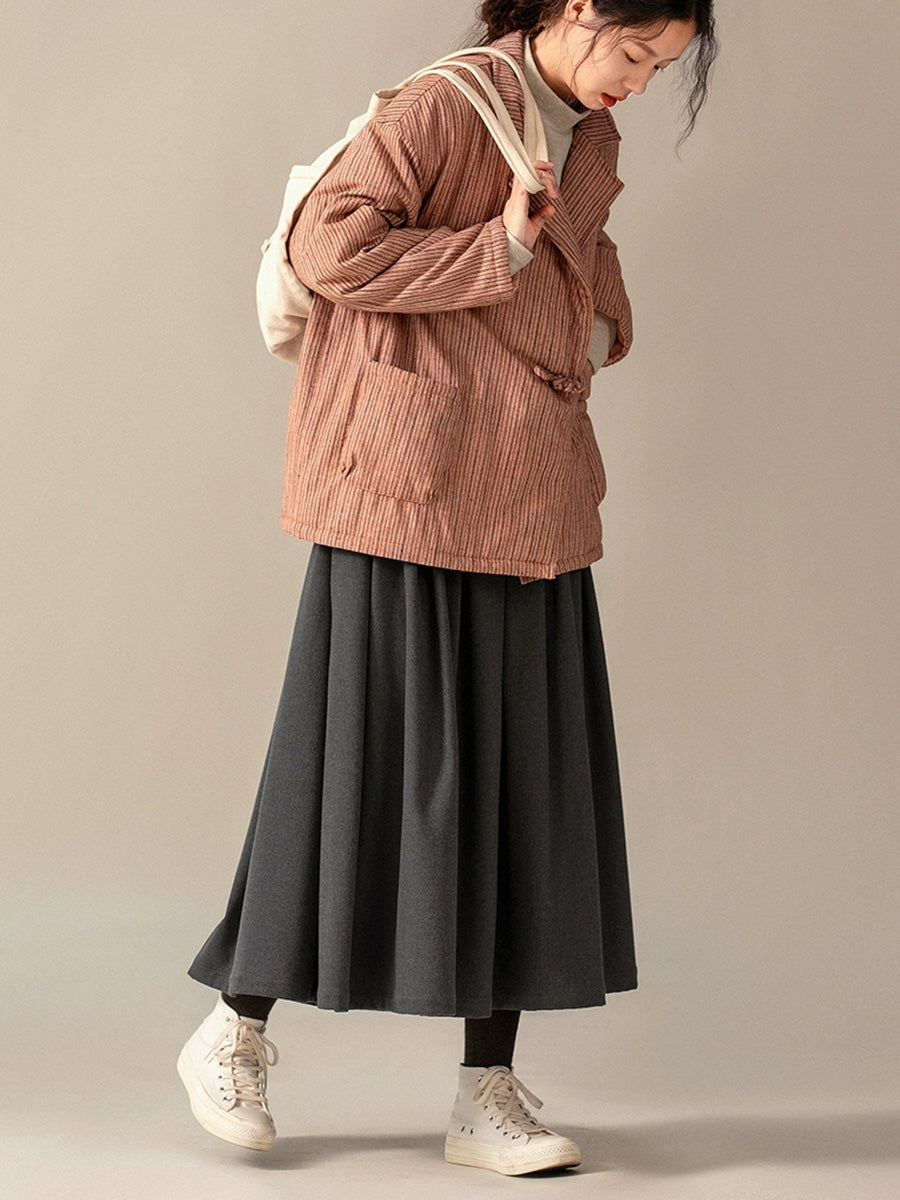 Women Winter Stripe Turn-down Collar Padded Coat