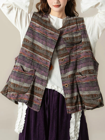 Women Autumn Retro Colorblock Stripe O-Neck Vest