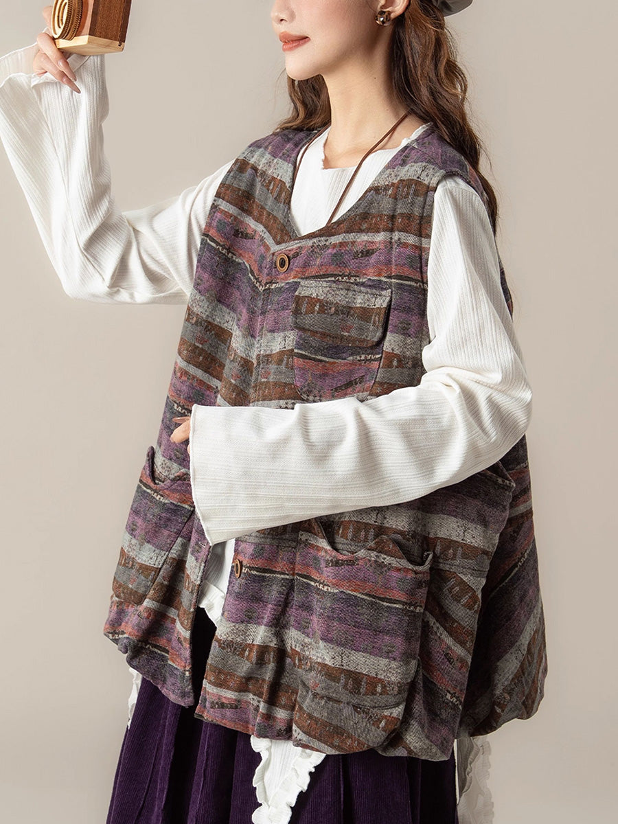 Women Autumn Retro Colorblock Stripe O-Neck Vest