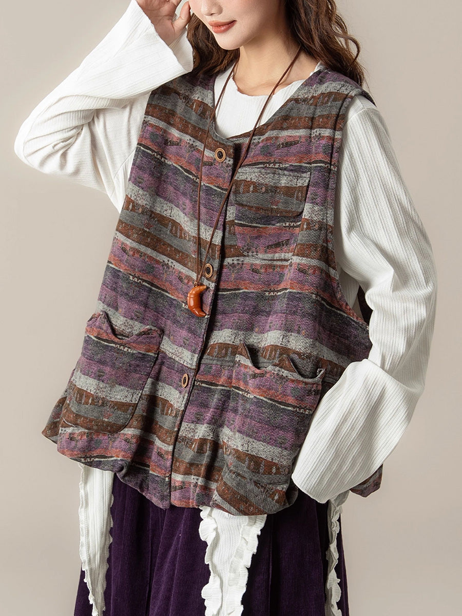 Women Autumn Retro Colorblock Stripe O-Neck Vest