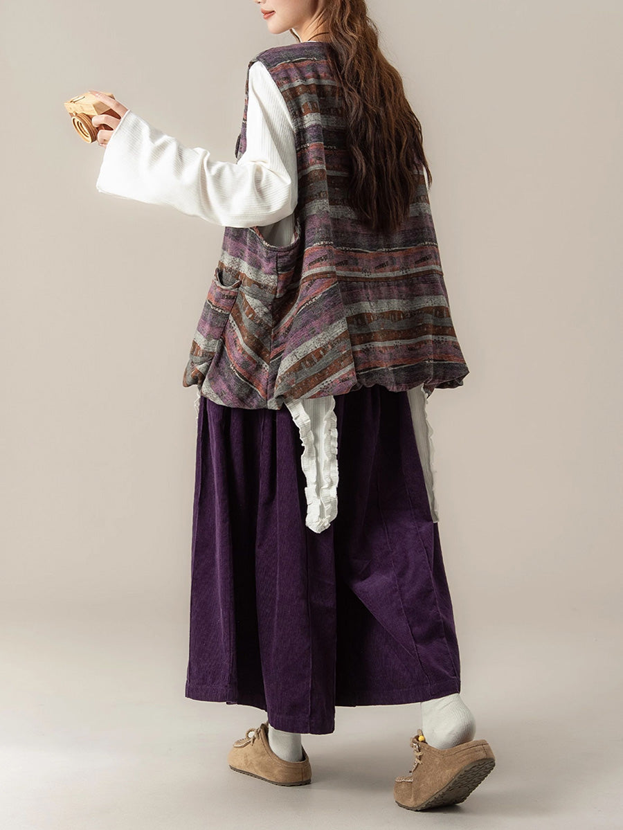 Women Autumn Retro Colorblock Stripe O-Neck Vest