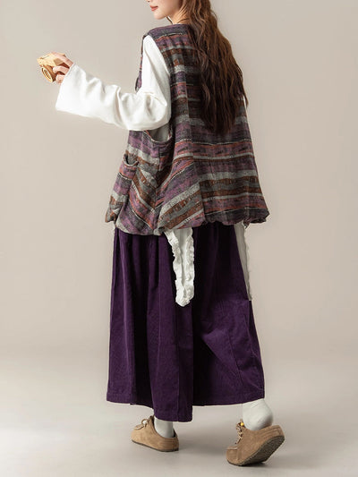 Women Autumn Retro Colorblock Stripe O-Neck Vest